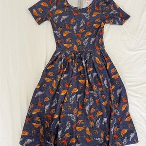 LuLaRoe Purple Amelia Bird Print Dress Pleated Size XXS